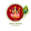 A vibrant logo for Maha Lakshmi Crackers featuring an artistic illustration of Goddess Lakshmi seated on a pink lotus, holding lotus flowers, gold coins, and symbols of prosperity. She is surrounded by gold coins, a golden pot, and traditional Indian fireworks. The background is a rich red circular pattern bordered with green and gold, accompanied by a large peacock feather on the right. The company name “MAHA LAKSHMI CRACKERS” appears below in green bold lettering. The design conveys tradition, celebration, wealth, and festivity, ideal for a fireworks and crackers brand.